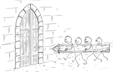 Wall Mural - Battering Ram Attacking Castle Gate, Vector Cartoon Stick Figure Illustration