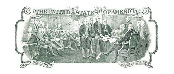 Transparent Trumbull's Declaration of Independence cut out  from 2 US dollar banknote