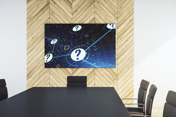 Aufkleber - Question mark hologram on presentation tv screen in a modern meeting room. Sociology and psychology concept. 3D Rendering