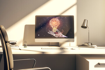 Poster - Creative idea concept with light bulb illustration on modern laptop screen. 3D Rendering