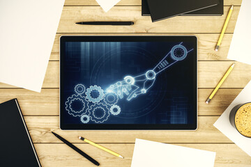 Aufkleber - Creative abstract robotics technology sketch on modern digital tablet screen, future technology and AI concept. Top view. 3D Rendering