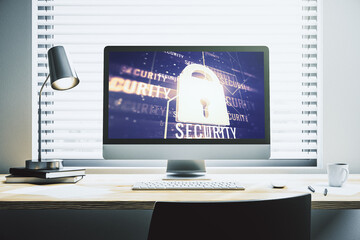 Poster - Computer monitor with creative light lock illustration and microcircuit, cyber security concept. 3D Rendering