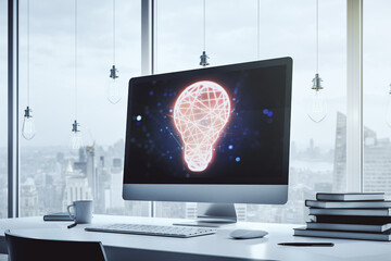 Poster - Creative idea concept with light bulb illustration on modern laptop screen. 3D Rendering