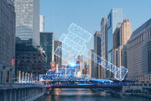 Panorama Cityscape Of Chicago Downtown And Riverwalk, Boardwalk With Bridges At Sunset, Illinois, USA. Glowing Hologram Legal Icons. The Concept Of Law, Order, Regulations And Digital Justice