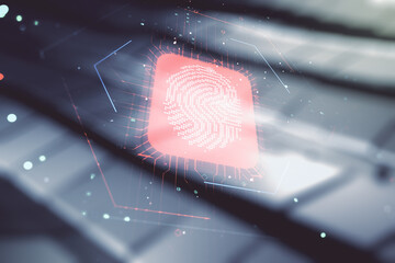 Poster - Double exposure of virtual creative fingerprint hologram on shiny metal background, protection of personal information concept