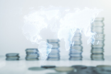 Poster - Multi exposure of abstract creative digital world map hologram on growing stacks of coins background, research and analytics concept