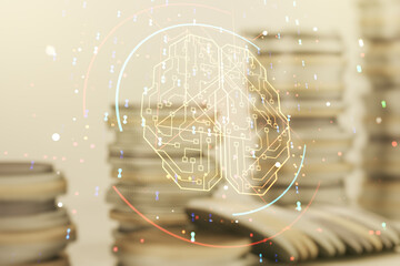 Aufkleber - Virtual creative artificial Intelligence hologram with human brain sketch on stacks of coins background. Multiexposure