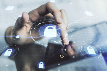 Poster - Creative lock illustration with microcircuit and finger presses on a digital tablet on background, cyber security concept. Multiexposure