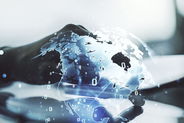 Aufkleber - Double exposure of abstract creative programming illustration with world map and finger clicks on a digital tablet on background, big data and blockchain concept