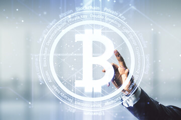 Aufkleber - Double exposure of male hand presses on creative Bitcoin symbol hologram on blurred office background. Cryptocurrency concept