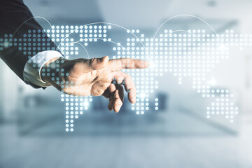 Poster - Man hand working with abstract virtual world map with connections on blurred office background, international trading concept. Multiexposure