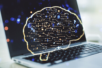 Poster - Creative artificial Intelligence concept with human brain sketch on modern computer background. Double exposure