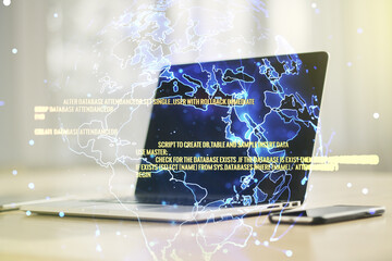 Poster - Multi exposure of abstract programming language hologram with world map on computer background, artificial intelligence and neural networks concept