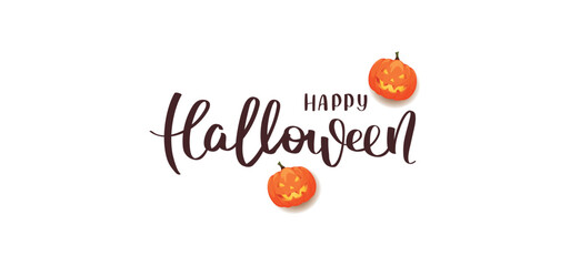 Wall Mural - Happy Halloween card with Scary pumpkins. Handwritten lettering. Vector illustration for poster, banner, postcard, card.