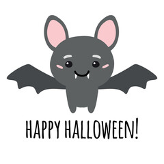 Sticker - Vector flat hand drawn cute bat and happy Halloween lettering isolated on white background