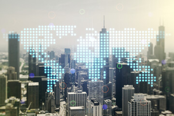 Poster - Multi exposure of abstract graphic world map hologram on Chicago office buildings background, connection and communication concept
