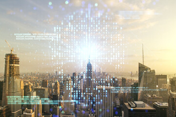 Poster - Double exposure of abstract virtual creative code skull hologram on New York city skyscrapers background. Malware and cyber crime concept