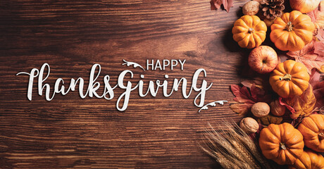 Wall Mural - autumn and thanksgiving composition concept. pumpkin, cotton flowers and autumn leaves on dark woode