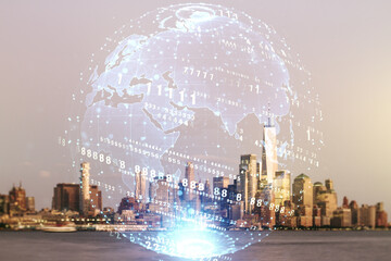 Aufkleber - Multi exposure of abstract software development hologram and world map on New York city skyscrapers background, global research and analytics concept