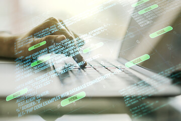 Aufkleber - Abstract creative coding illustration with hands typing on laptop on background, software development concept. Multiexposure