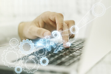 Aufkleber - Creative concept of robotics technology and hands typing on laptop on background. Robot development and automation concept. Multiexposure