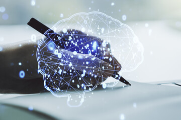 Aufkleber - Creative artificial Intelligence concept with human brain sketch and man hand writing in diary on background. Double exposure