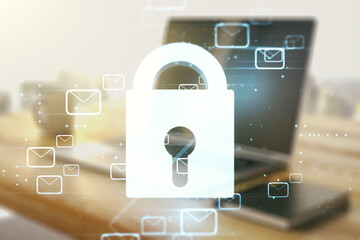 Poster - Creative concept with lock symbol and postal envelopes illustration and modern desktop with computer on background. Protection and firewall concept. Multiexposure