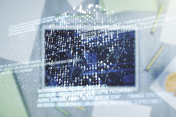 Poster - Double exposure of creative code skull hologram and digital tablet on background, top view. Malware and cyber crime concept