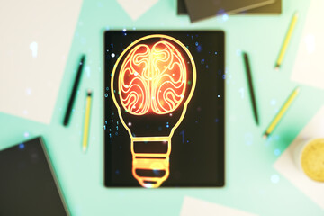 Poster - Double exposure of creative light bulb hologram with human brain and digital tablet on background, top view, idea and brainstorming concept