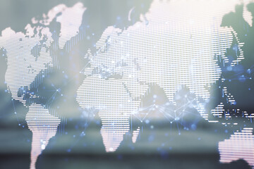 Aufkleber - Multi exposure of abstract creative digital world map hologram on blurry modern office building background, tourism and traveling concept