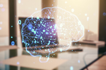 Poster - Creative artificial Intelligence concept with human brain sketch on modern computer background. Double exposure