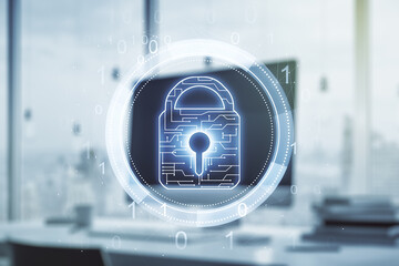 Poster - Creative lock sketch with chip hologram on modern laptop background, protection of personal data concept. Multiexposure