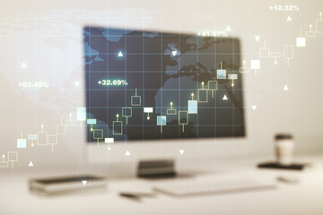 Poster - Multi exposure of abstract financial graph with world map on modern computer background, financial and trading concept