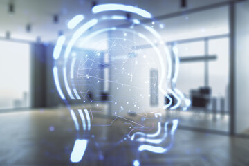Poster - Abstract virtual artificial Intelligence concept with human head sketch on a modern furnished classroom background. Double exposure