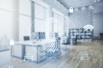 Aufkleber - Abstract virtual fingerprint illustration on a modern furnished classroom background, personal biometric data concept. Multiexposure