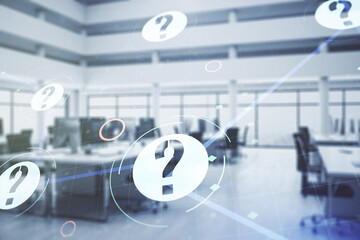 Aufkleber - Abstract virtual question mark illustration on a modern furnished office background. FAQ and search concept. Multiexposure