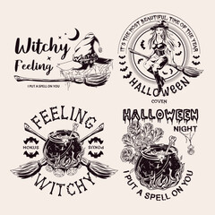 Wall Mural - Set of halloween labels with pretty young witch, broomstick, moon, roses, cauldron, fire, witch hat, spiderweb, text, silhouette of bats. Monochrome emblems in vintage style on a white background