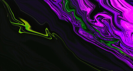 Bright fluid violet, black, neon green blur background. Abstract liquid purple pink wave. Glitch Art trippy digital screen. Celebration Backdrop. Royal banner. Template. Luxury texture. Copy space.
