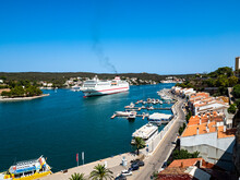 Spain, Mediterranean Sea, Balearic Islands, Menorca, Mahon, Port De Mao, View Of The Port From Parc Rochina, Behind Claustre Del Carme, Incoming Ferry