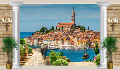 View from the terrace of the city on the island. Wallpaper on the wall.