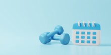 Blue Dumbbell With Calendar On Blue Background. Weight Training Activity, Bodybuilding Exercise, Planning For Daily Gym Fitness, Dieting For Health, Muscular Building Equipment Concept. 3d Rendering