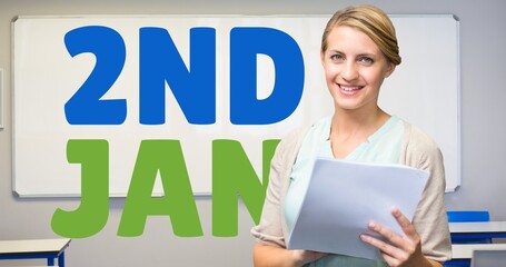Poster - Composite of 2nd jan text with caucasian female teacher holding documents in classroom, copy space
