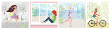 Collection Of Cards With Fashion Girls. Lady Smiling Walking Wit