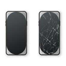 Broken And Intact Black Phone Screen Front View Set Realistic Vector Smartphone Repair Service