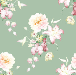  Watercolor seamless pattern with rose and lily flowers. Perfect for wallpaper, fabric design, wrapping paper, surface textures, digital paper.