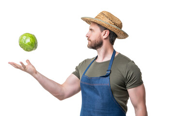 harvester in apron and hat with cabbage vegetable isolated on white