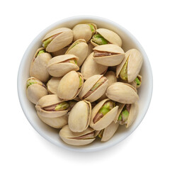 Wall Mural - Shelled pistachio nuts in white bowl isolated on white. Top view.