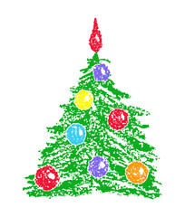 Christmas tree with balls. Like kids hand drawing vivid bright green fir. Crayon, pastel chalk or pencil painting style. Vector cartoon doodle funny simple art.