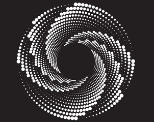  abstract white halftone dots.white halftone dots in vortex form. Geometric art. Trendy design element.Circular and radial lines volute, helix.Segmented circle with rotation