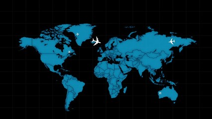 Wall Mural - Animation With Many White Planes Flying on the World's Map Background. Stylization of Tech Earth Globalization. Modern Business and Technology Concept